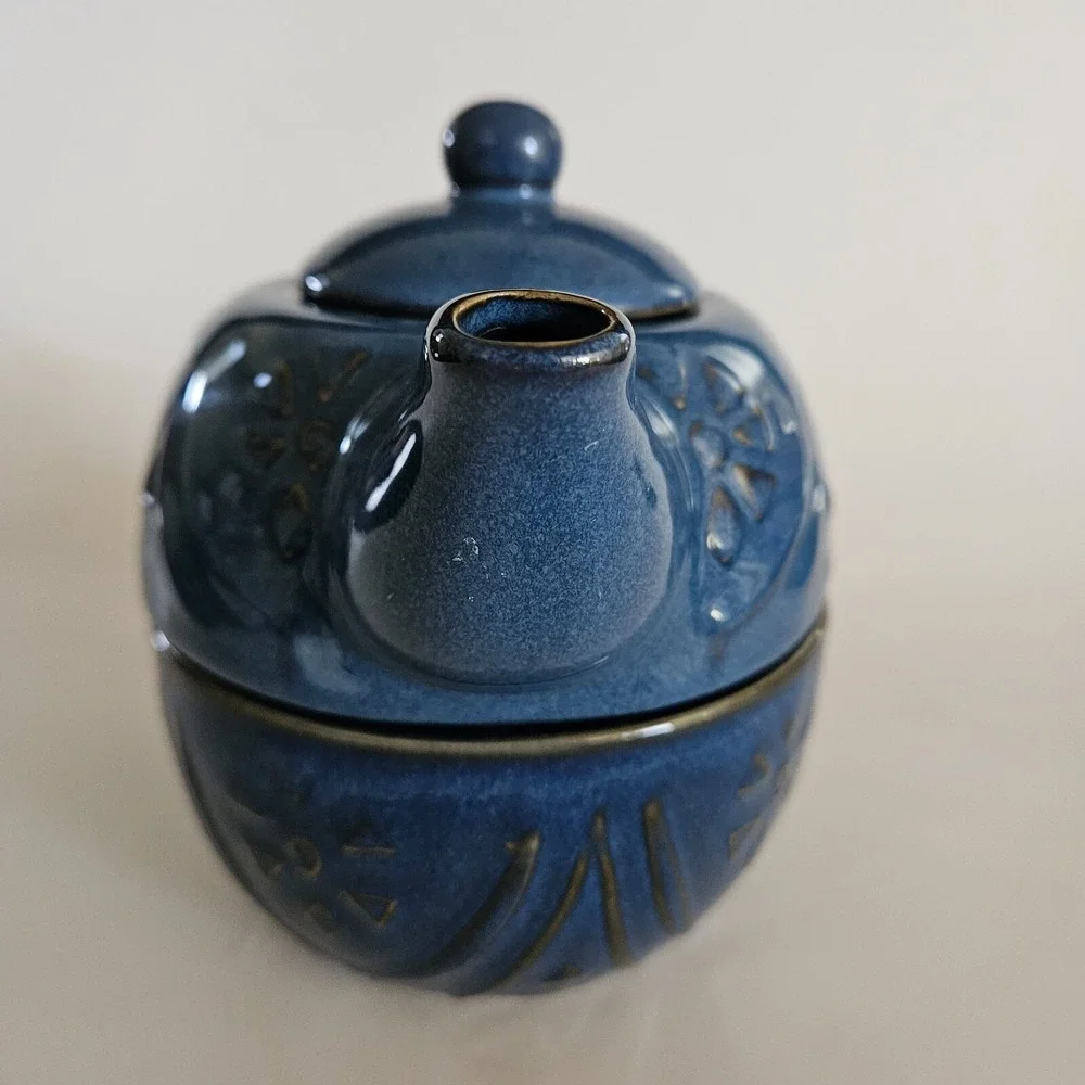 Pier 1 Blue Stoneware Stackable Tea Set Tea Pot Lid and Cup Mug Glazed